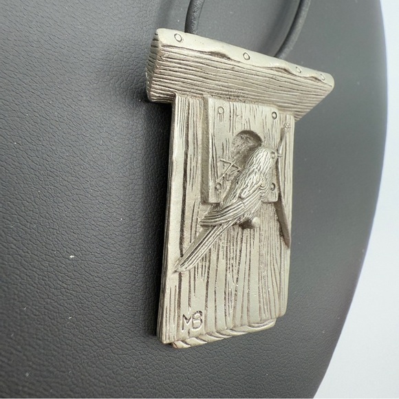 Vintage pewter bird necklace - Gem MB Signed Pewter Birdhouse Pendant Necklace - Vintage Hallmark